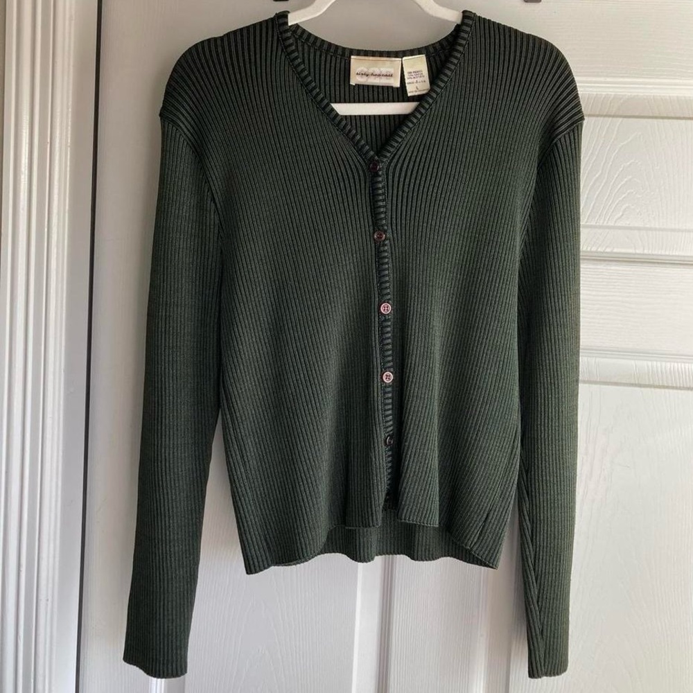 Vintage dark green ribbed classic cardigan earthy grunge goblincore Made in USA